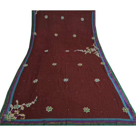 Sanskriti Vintage Sarees Dark Red Hand Beaded Pure Georgette Sari Craft Sustainable Fabric