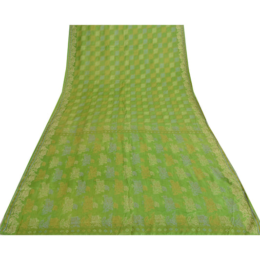 Sanskriti Vintage Sarees Green Hand Woven Pure Silk Sari 5yd Floral Craft Sustainable Fabric
