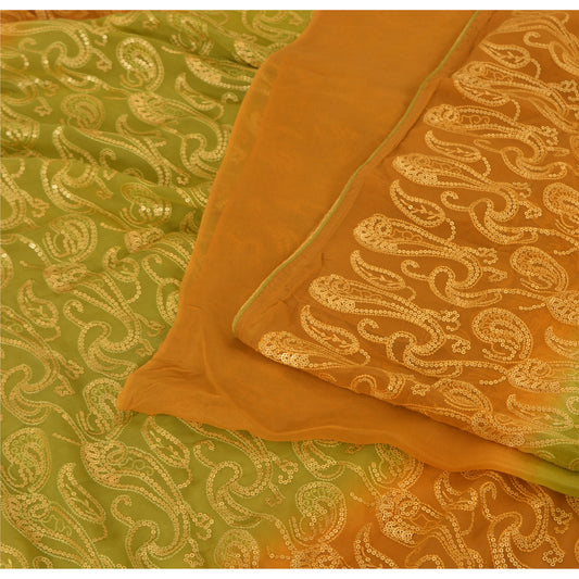 Sanskriti Vintage Green/Mustard Sarees Pure Georgette Silk Hand Bead Sari Sustainable Fabric
