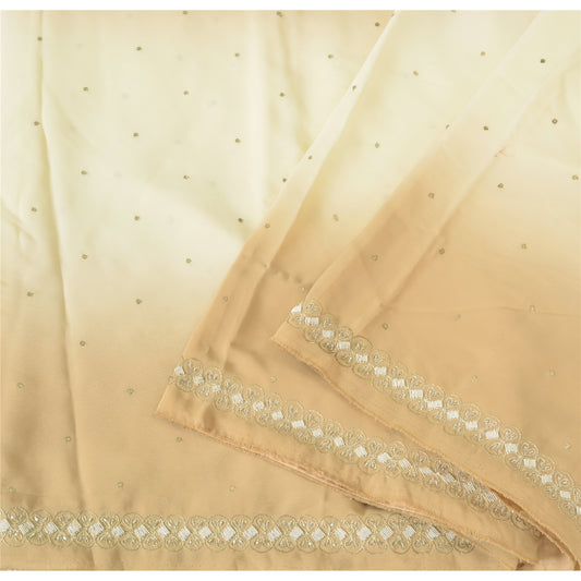 Sanskriti Vintage Ivory&Beige Sarees Art Silk Hand Beaded Sari 5yd Craft Sustainable Fabric