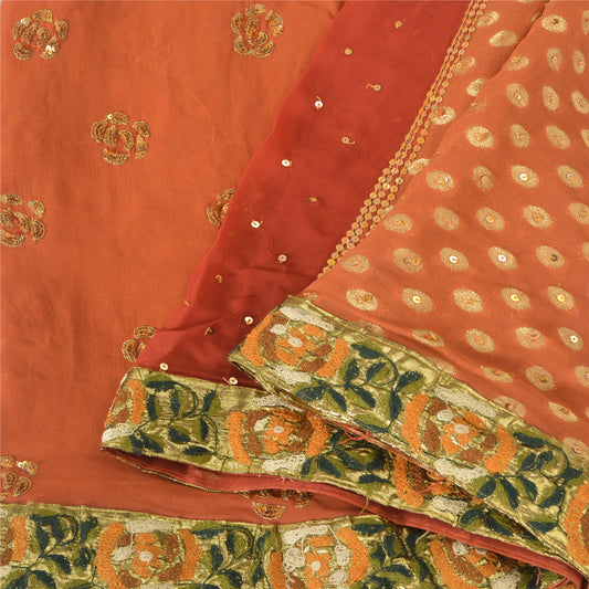 Sanskriti Vintage Orange Sarees Pure Georgette Silk HandBeaded Sari Craft Sustainable Fabric