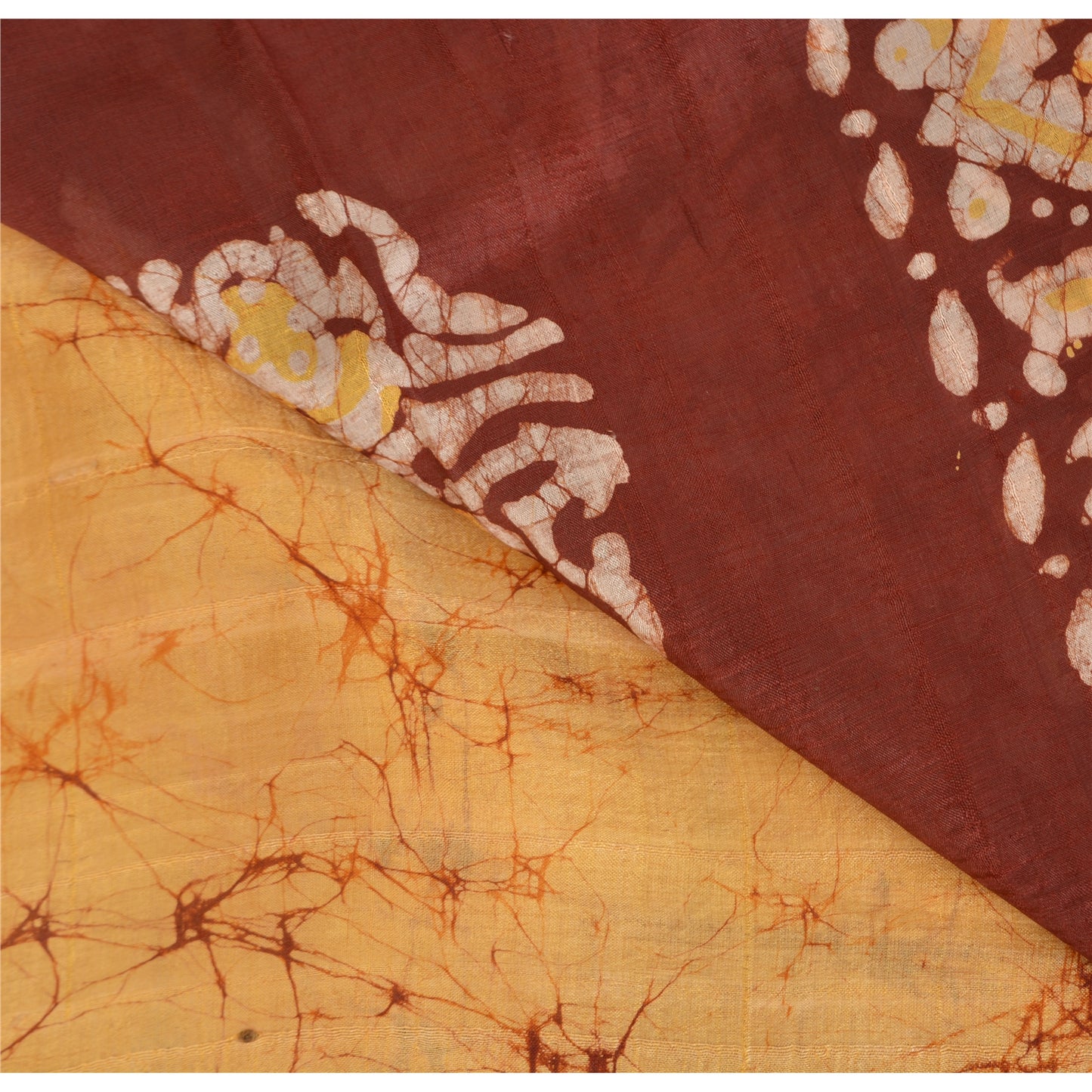 Sanskriti Vintage Brown/Yellow Sarees Pure Silk Hand Printed Batik Sari Sustainable Fabric