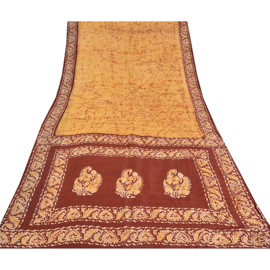 Sanskriti Vintage Brown/Yellow Sarees Pure Silk Hand Printed Batik Sari Sustainable Fabric