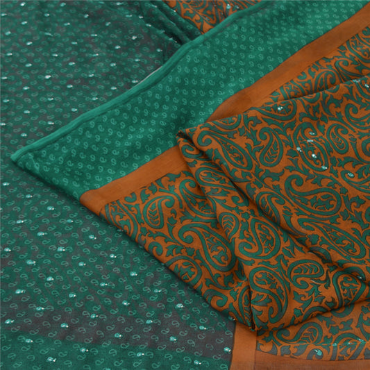 Sanskriti Vintage Indian Sarees Pure Chiffon Hand Beaded Printed Sari 5yd Sustainable Fabric