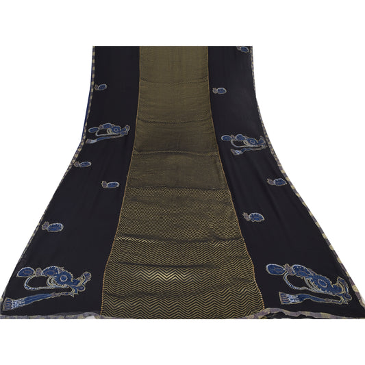 Sanskriti Vintage Black Sarees Pure Georgette Hand Beaded Ethnic Sari 5yd Sustainable Fabric