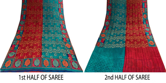 Sanskriti Vintage Red-Blue Sarees Pure Georgette Zari Woven Sari 6yd CraftFabric