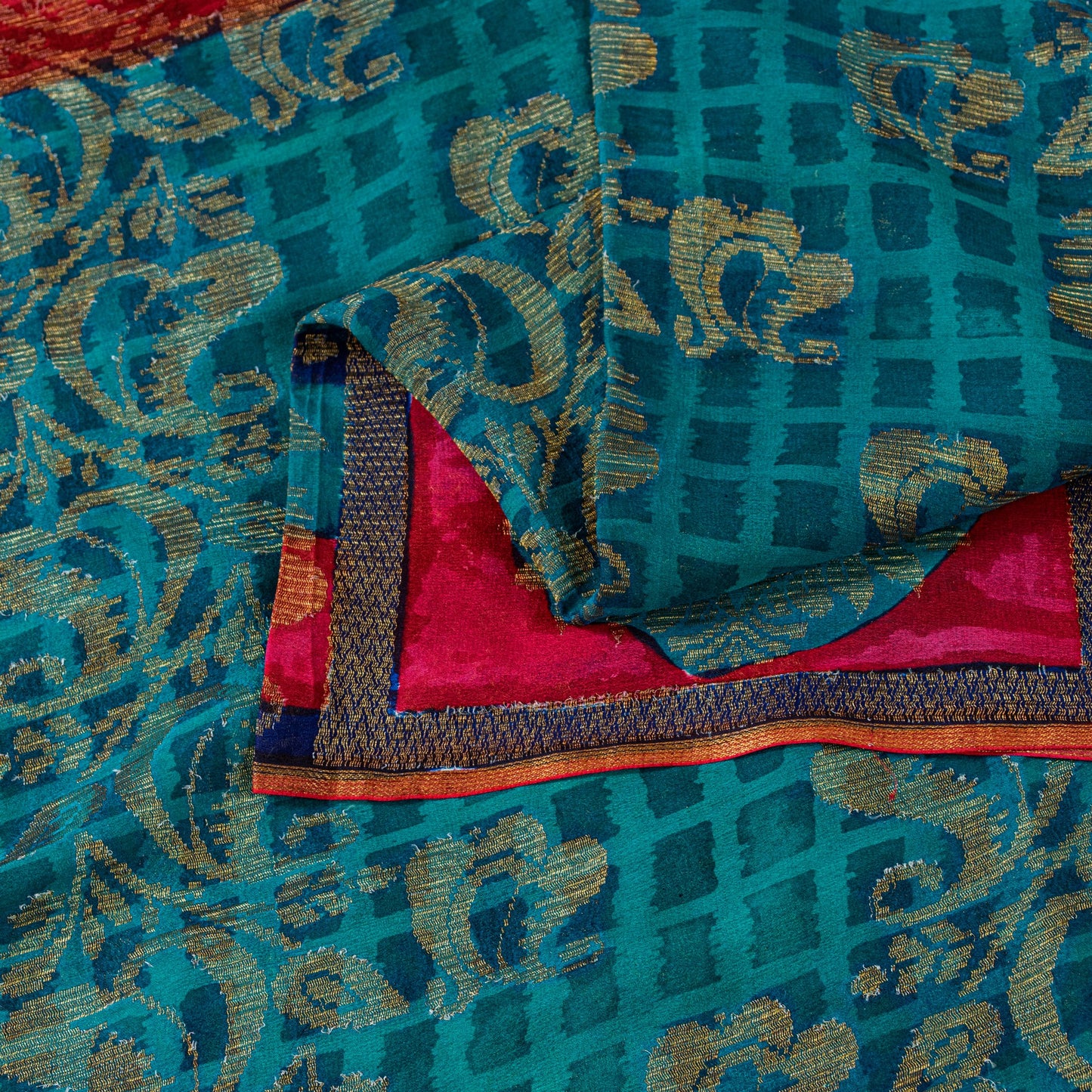 Sanskriti Vintage Red-Blue Sarees Pure Georgette Zari Woven Sari 6yd CraftFabric