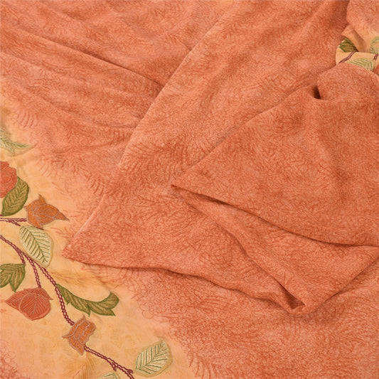 Sanskriti Vintage Peach/Yellow Sarees Pure Georgette Embroidered Sari 5yd Sustainable Fabric