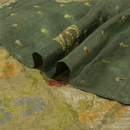 Sanskriti Vintage Indian Dark Green Sarees Pure Silk Hand Woven Sari 5+yd Fabric