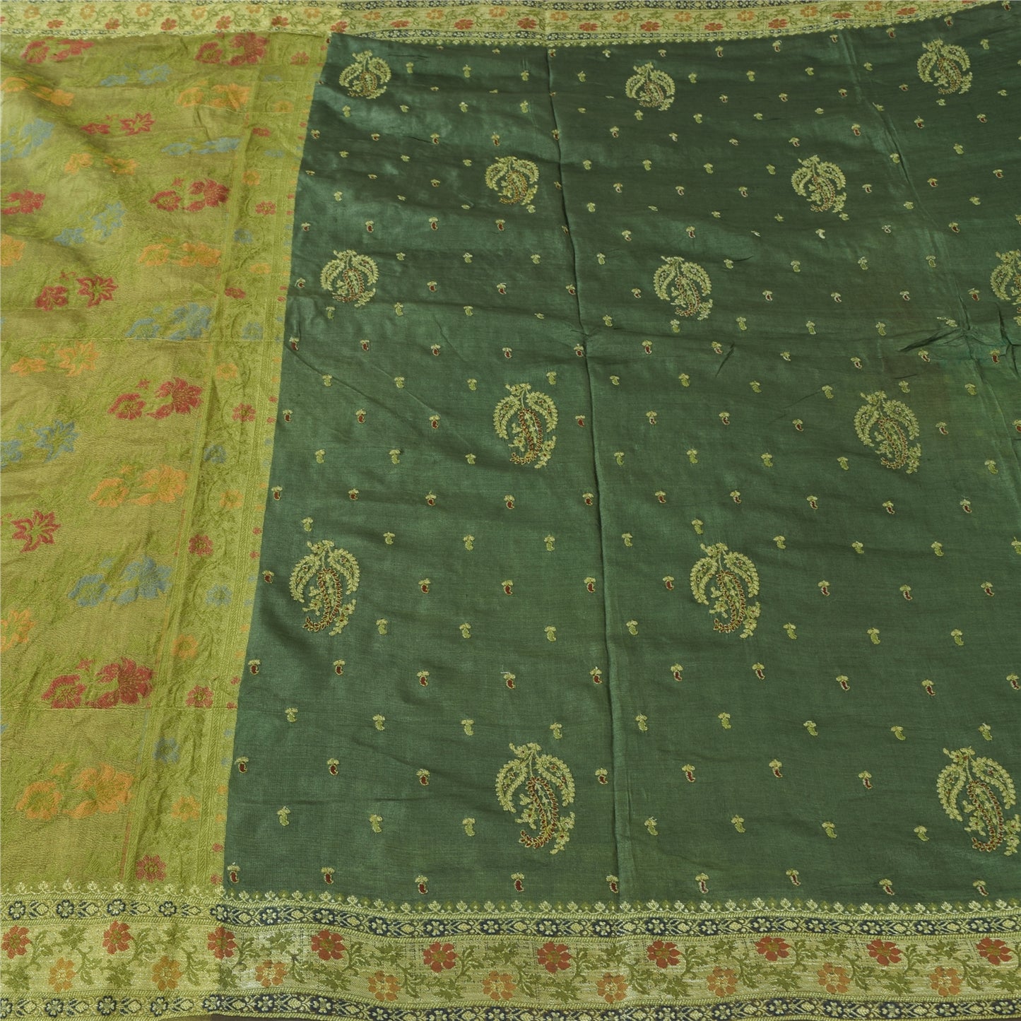 Sanskriti Vintage Indian Dark Green Sarees Pure Silk Hand Woven Sari 5+yd Fabric