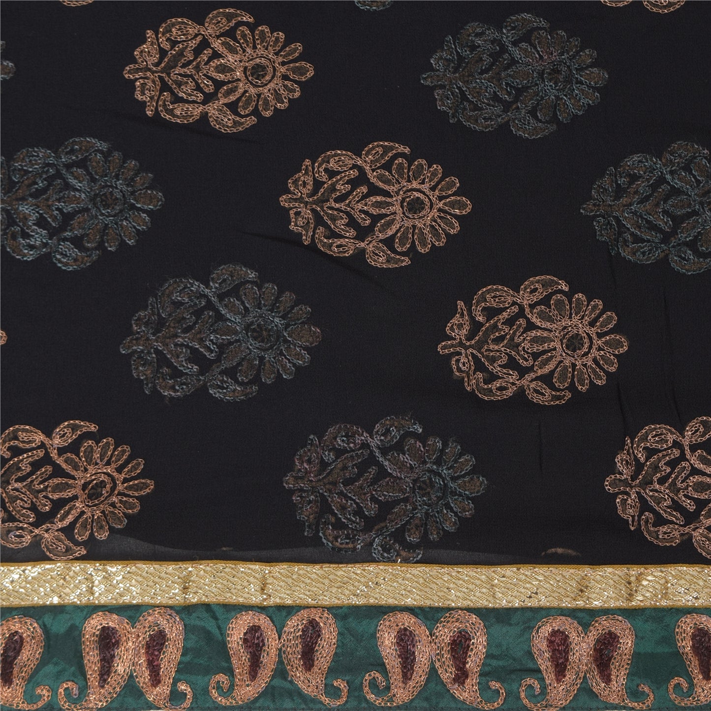 Sanskriti Vintage Sarees Black Embroidered Pure Georgette Silk Sari Craft Sustainable Fabric