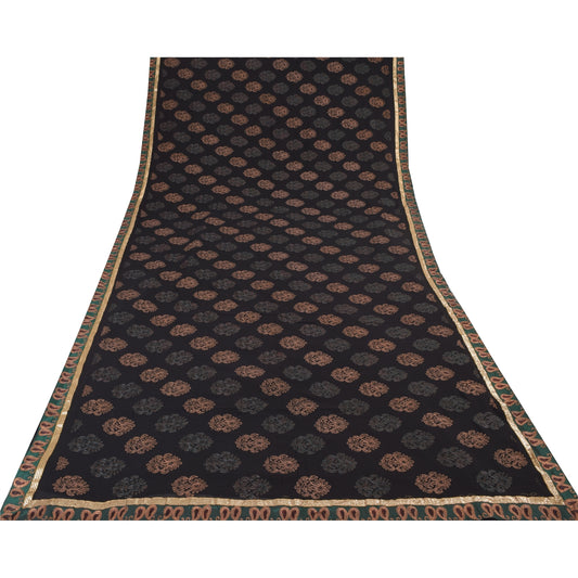 Санскритские винтажные сари, черное вышитое сари из чистого шелка-жоржета, ремесленная устойчивая ткань