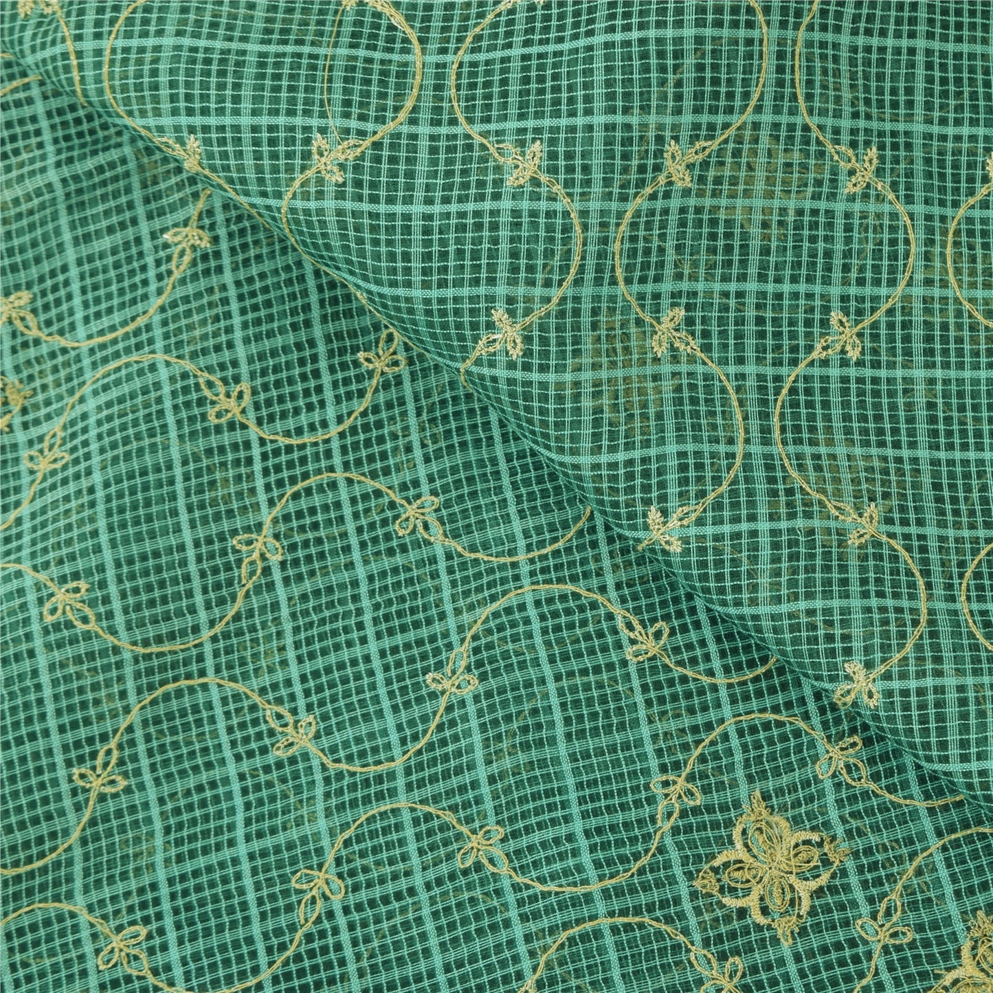 Sanskriti Vintage Sarees Green Embroidered Kota Woven Pure Cotton Sari Sustainable Fabric