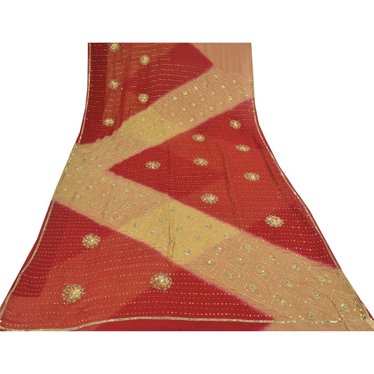 Sanskriti Vintage Red/Beige Sarees Pure Georgette Hand Beaded Sari Craft Sustainable Fabric