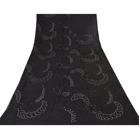 Sanskriti Vintage Black Sarees Pure Chiffon Silk Hand Beaded Sari Mukiesh Sustainable Fabric