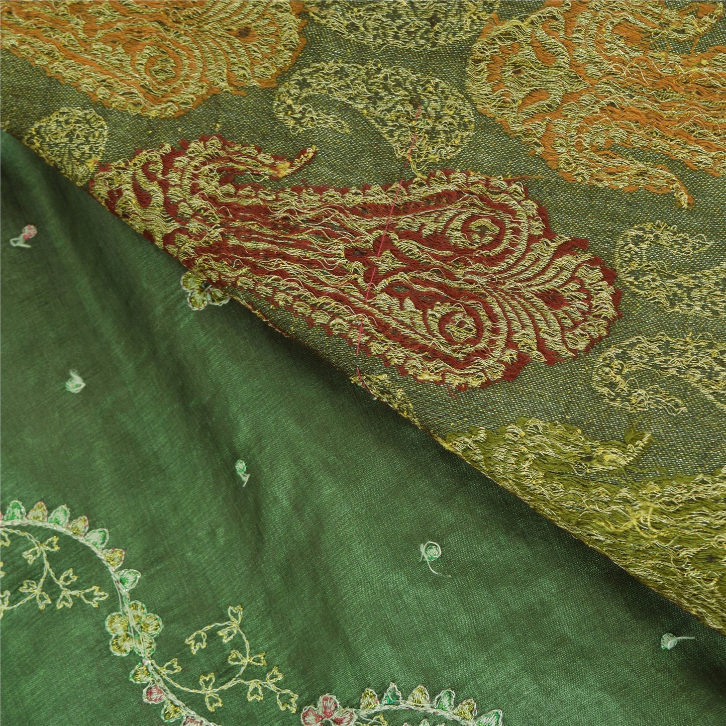Sanskriti Vintage Green Sarees Pure Silk Embroidered Woven Sari 5yd Craft Sustainable Fabric
