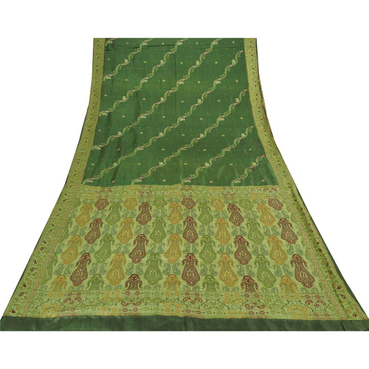 Sanskriti Vintage Green Sarees Pure Silk Embroidered Woven Sari 5yd Craft Sustainable Fabric