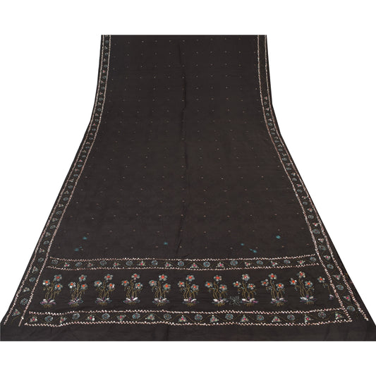 Sanskriti Vintage Black Sarees Pure Silk Hand Beaded Premium Sari Craft Sustainable Fabric