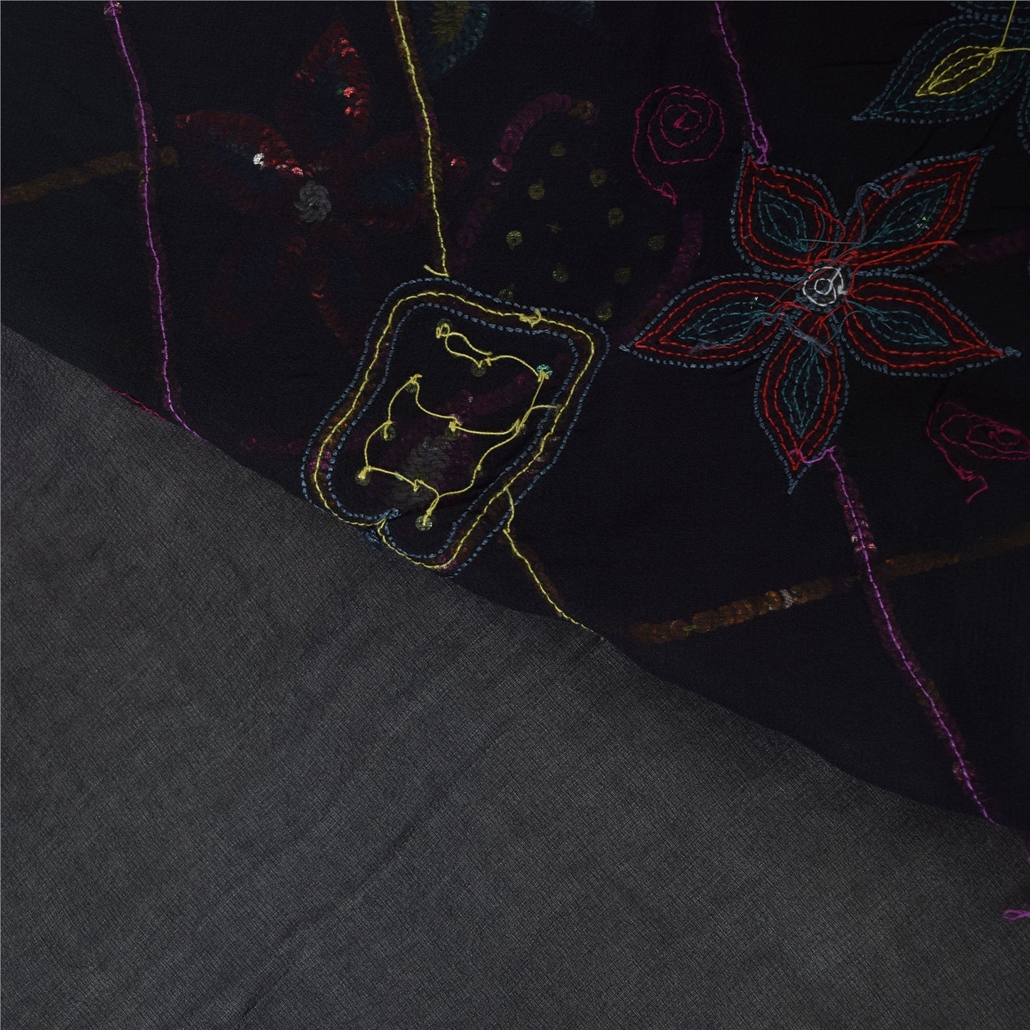 Sanskriti Vintage Black Sarees Pure Silk Hand Beaded Premium Sari Craft Sustainable Fabric