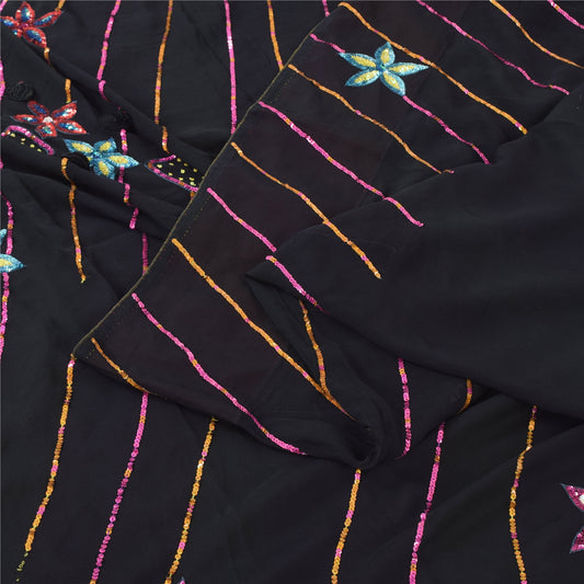 Sanskriti Vintage Black Sarees Pure Silk Hand Beaded Premium Sari Craft Sustainable Fabric