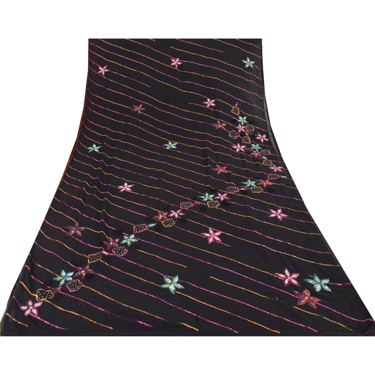 Sanskriti Vintage Black Sarees Pure Silk Hand Beaded Premium Sari Craft Sustainable Fabric