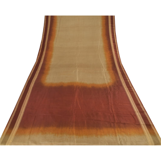 Sanskriti Vintage Indian Beige/Dark Red Sarees Pure Silk Woven Sari Craft Sustainable Fabric