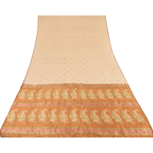 Sanskriti Vintage Golden/Ivory Sarees Pure Silk Hand Woven Sari 6yd Craft Sustainable Fabric