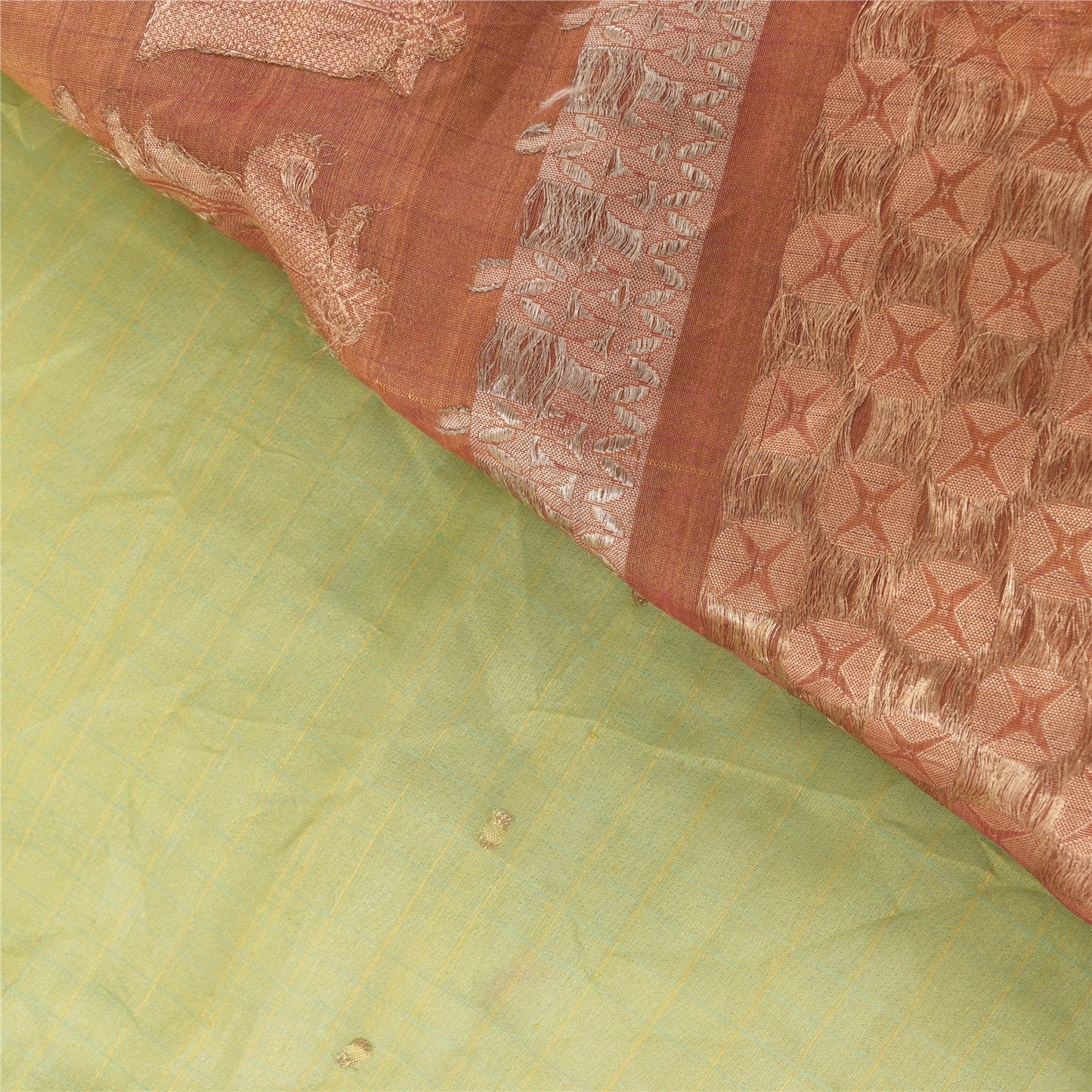 Sanskriti Vintage Green/Brown Sarees Pure Silk Embroidery Sari 5+yd Craft Sustainable Fabric