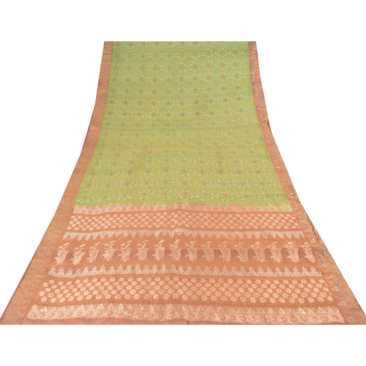 Sanskriti Vintage Green/Brown Sarees Pure Silk Embroidery Sari 5+yd Craft Sustainable Fabric