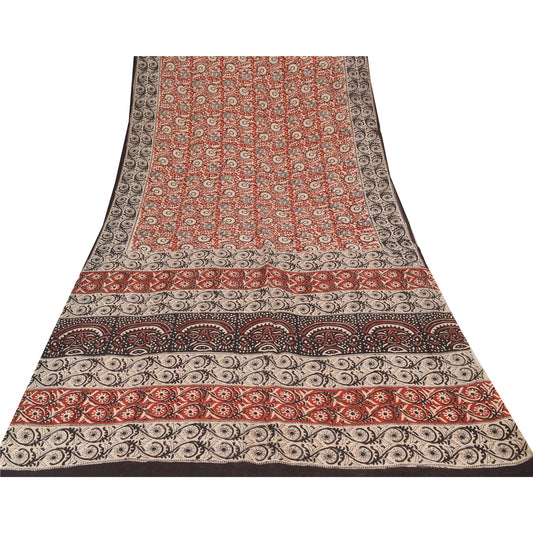 Sanskriti Vintage Red/Ivory Sarees Pure Silk Printed Premium Sari Craft Sustainable Fabric