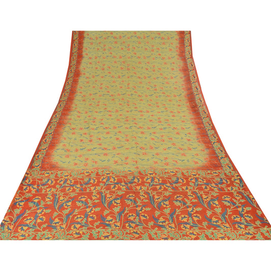 Sanskriti Vintage Green/Orange Sarees Pure Chiffon Embroidery Kantha Sari Sustainable Fabric