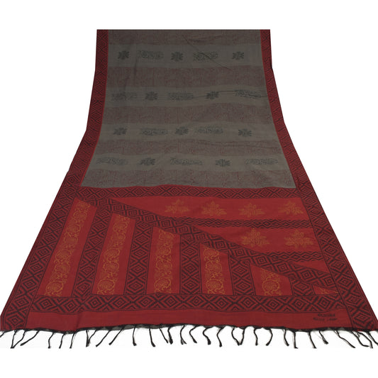 Sanskriti Vintage Red/Gray Sarees Pure Cotton Block Printed Sari 6ydCraft Sustainable Fabric