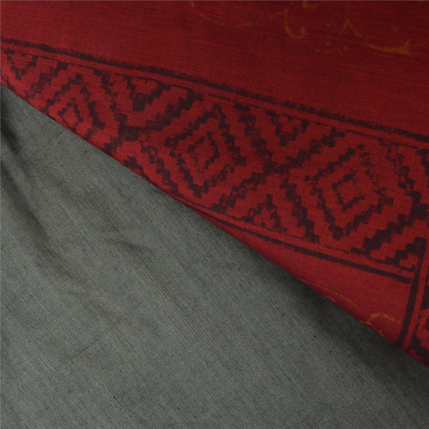 Sanskriti Vintage Red/Gray Sarees Pure Cotton Block Printed Sari 6ydCraft Sustainable Fabric