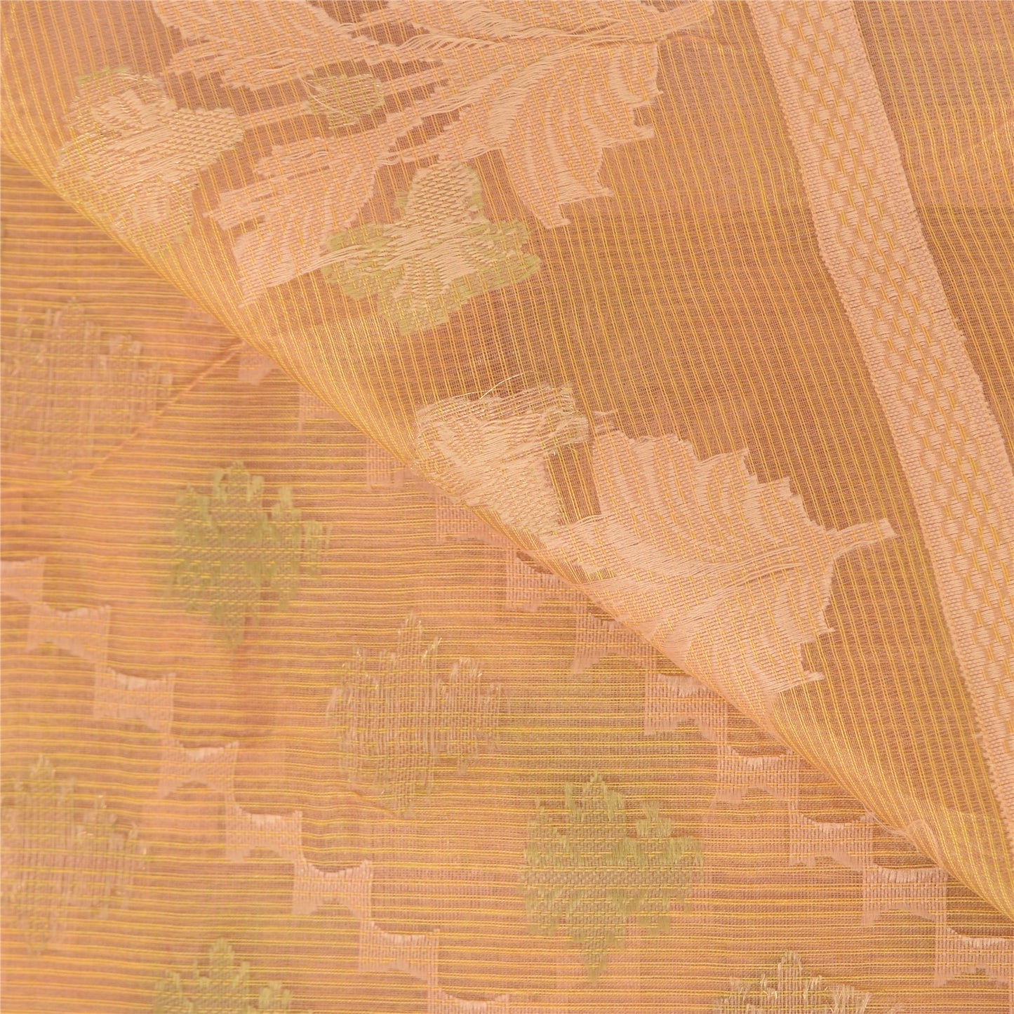 Sanskriti Vintage Gul/Grøn Sarier Bomuld Silke Vævet Premium Sari 5+ yards Bæredygtigt Stof