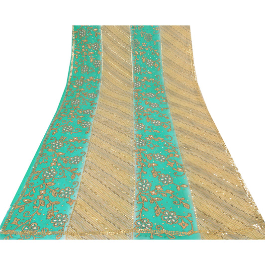 Sanskriti Vintage Green/Cream Sarees Georgette Hand Beaded Sari 6yd Craft Sustainable Fabric