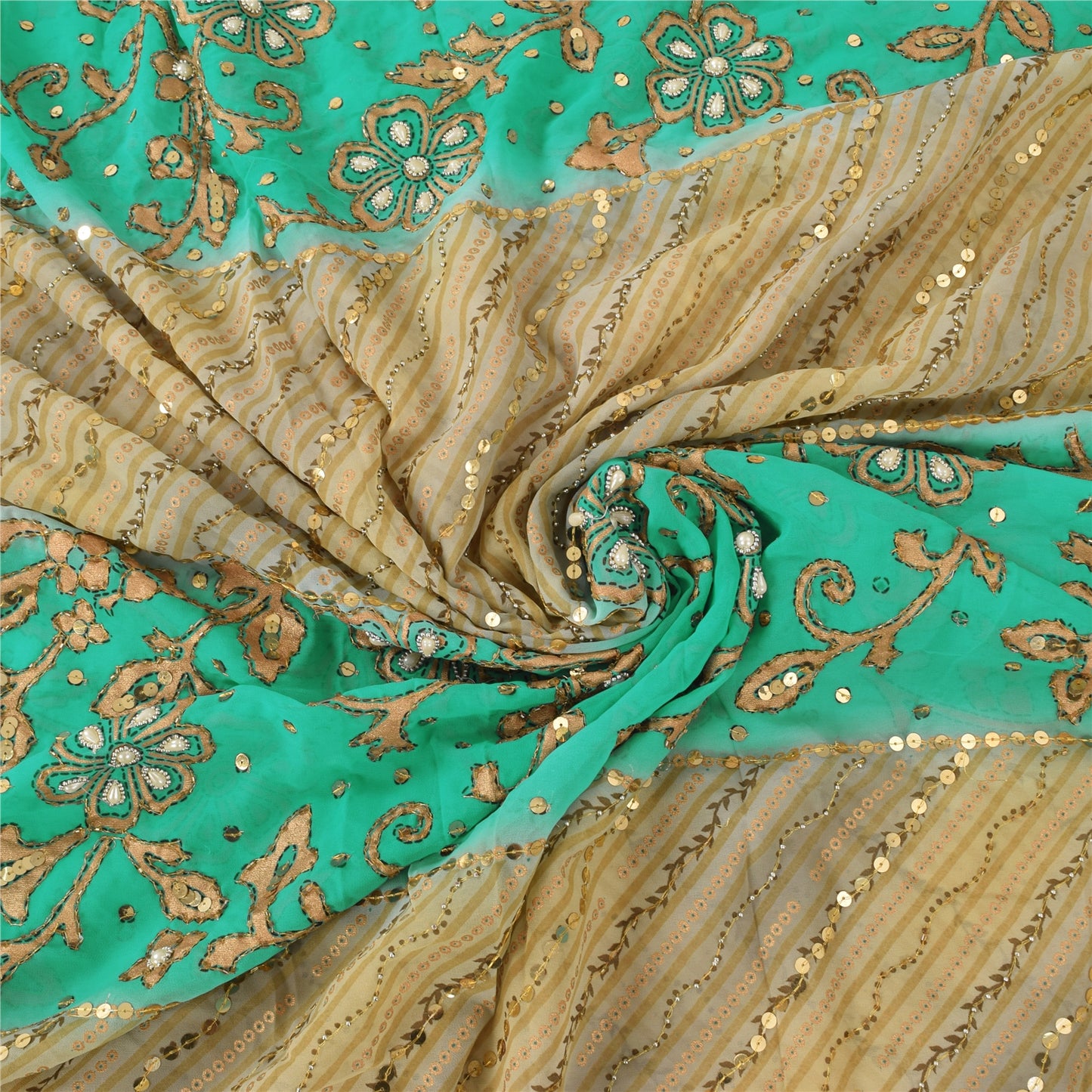 Sanskriti Vintage Green/Cream Sarees Georgette Hand Beaded Sari 6yd Craft Sustainable Fabric