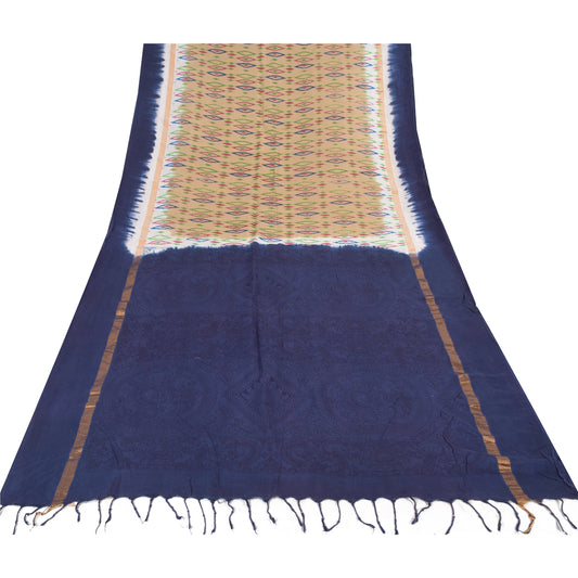 Санскритские винтажные темно-синие/бежевые сари из чистого хлопка с принтом для сари из экологически чистой ткани