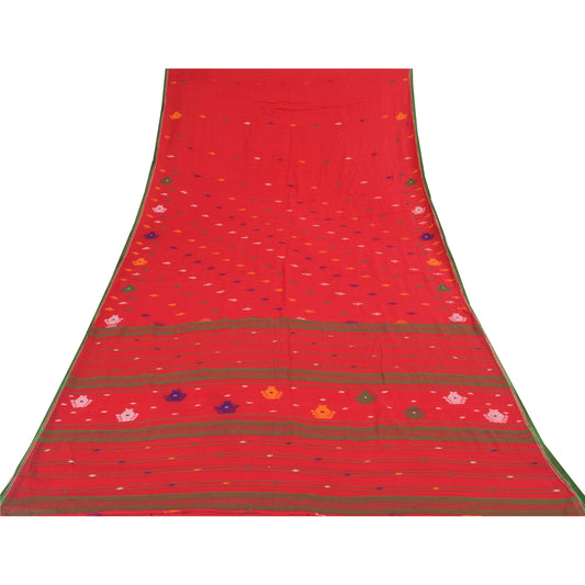 Sanskriti Vintage Red Sarees Pure Cotton Hand Woven Tant Sari 5+ yd Craft Sustainable Fabric