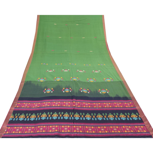 Sanskriti Vintage Dark Blue/Green Sarees Pure Cotton Woven Premium Sari Sustainable Fabric