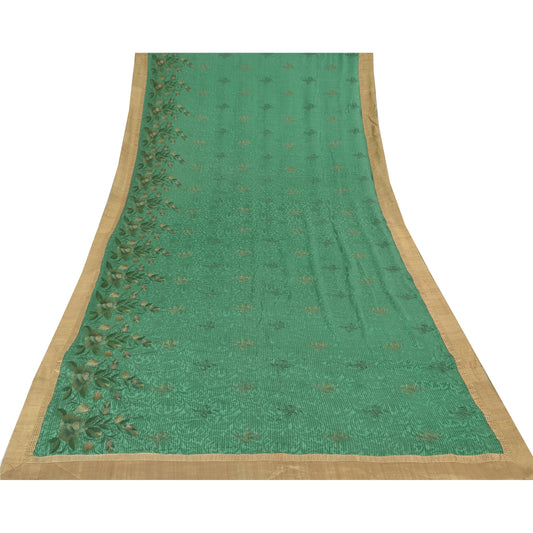 Sanskriti Vintage Green Sarees Pure Silk Embroidered Premium Sari Craft Sustainable Fabric
