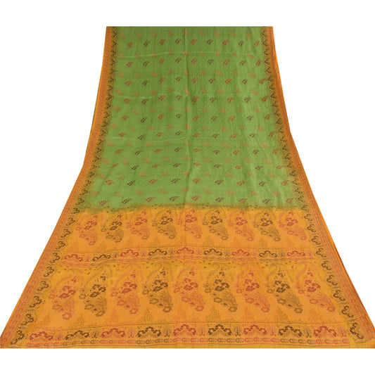 Sanskriti Vintage Green/Yellow Sarees Pure Silk Hand Woven Sari 5yd Craft Sustainable Fabric