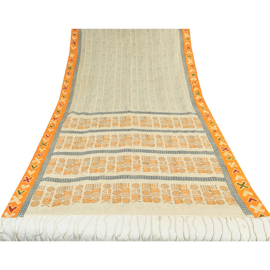 Sanskriti Vintage Ivory Sarees Pure Cotton Printed Premium Sari 5+ yd Craft Sustainable Fabric