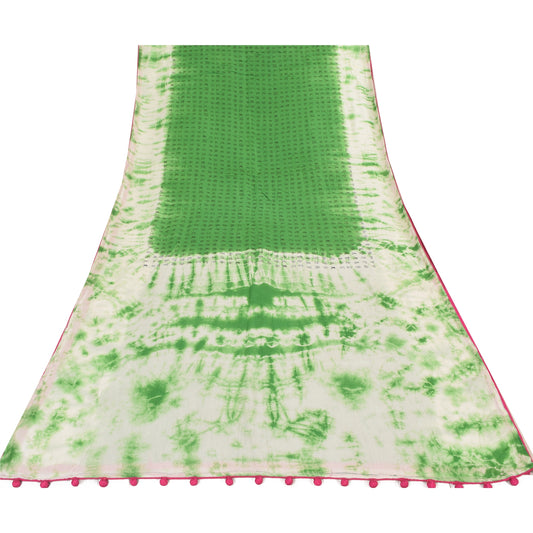 Sanskriti Vintage Green/Ivory Sarees Pure Cotton Tie & Dye Printed Sari Sustainable Fabric