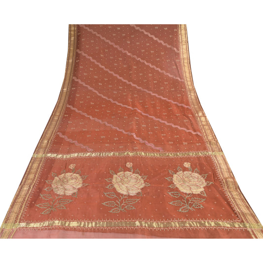Sanskriti Vintage Brick Red Sarees Pure Silk Woven Premium Sari 5yd Craft Sustainable Fabric
