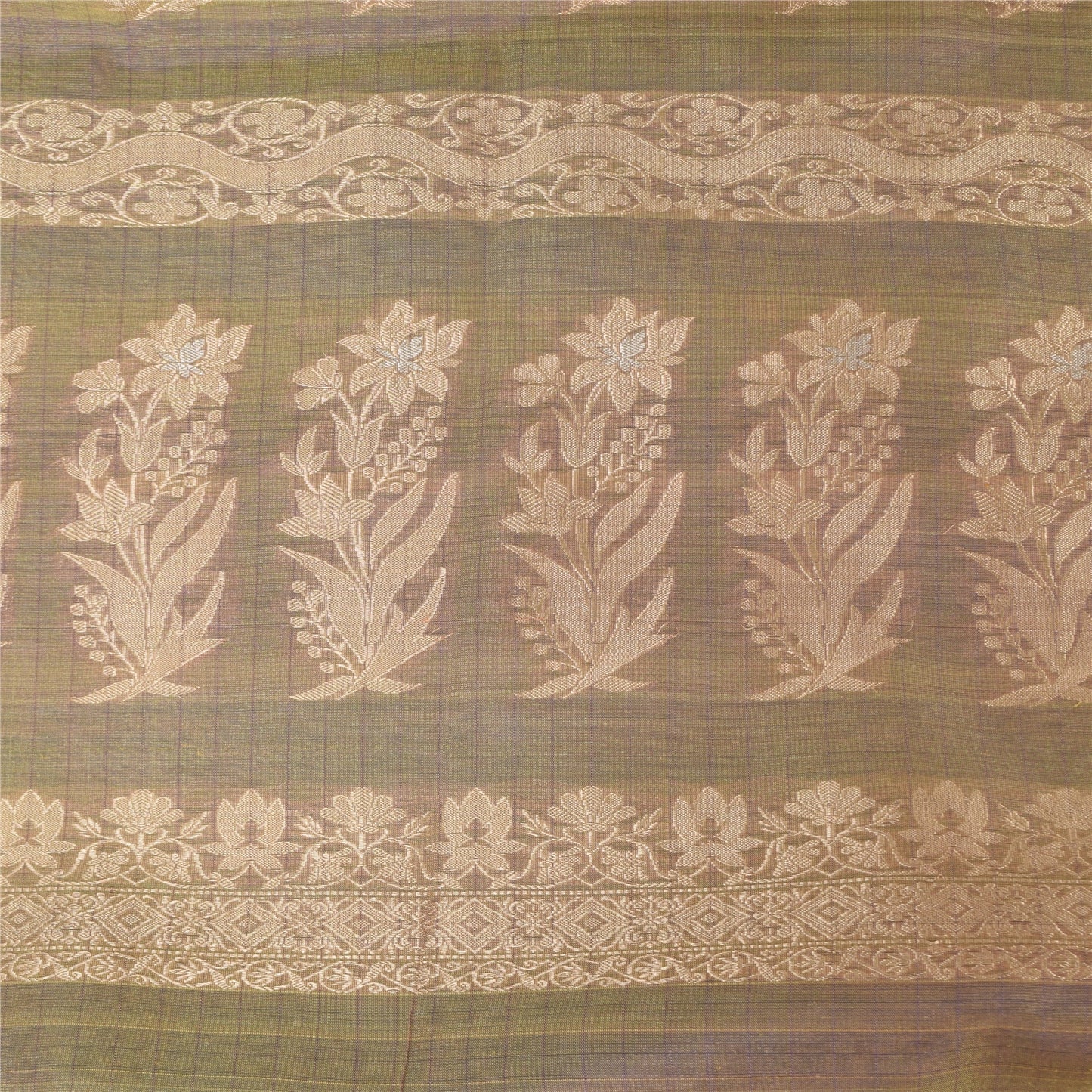 Sanskriti Vintage Green/Brown Sarees Pure Silk Woven Premium Sari Craft Sustainable Fabric