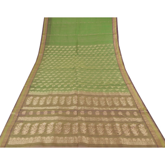 Sanskriti Vintage Green/Brown Sarees Pure Silk Woven Premium Sari Craft Sustainable Fabric