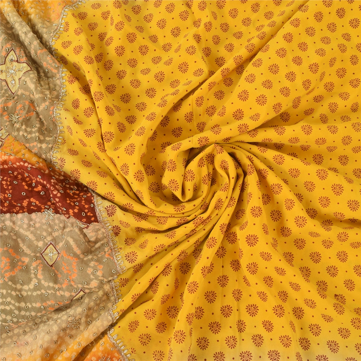 Sanskriti Vintage Yellow Sarees Pure Crepe Hand Beaded Bandhani Sari 5+yd Sustainable Fabric