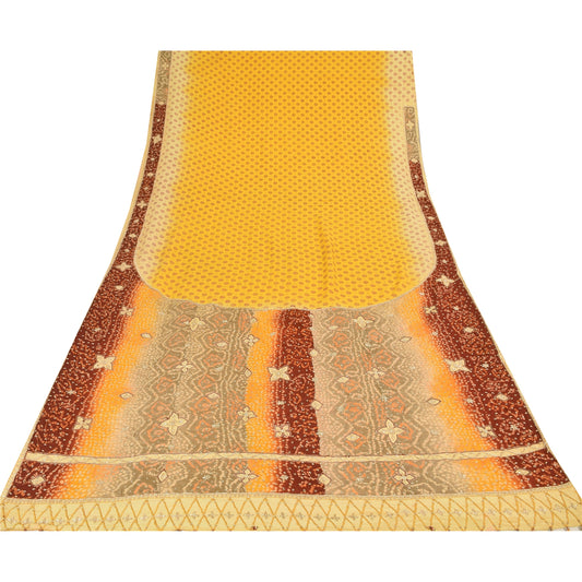 Sanskriti Vintage Yellow Sarees Pure Crepe Hand Beaded Bandhani Sari 5+yd Sustainable Fabric