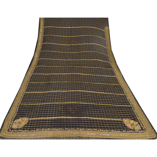 Sanskriti Vintage Black Sarees Pure Silk Hand Beaded Premium Sari Craft Sustainable Fabric