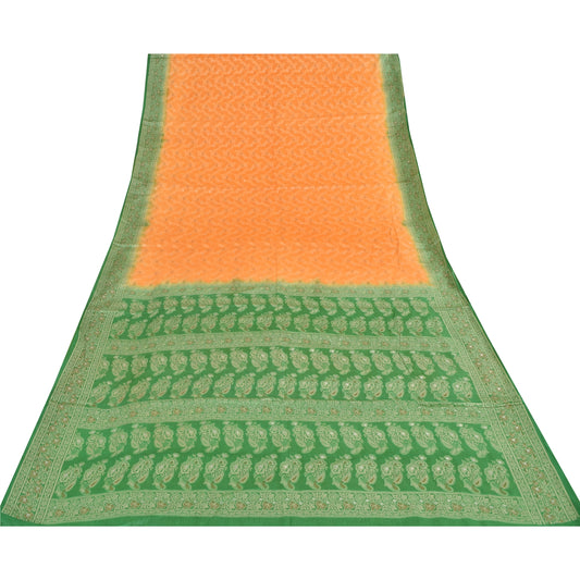 Sanskriti Vintage Green/Orange Sarees Pure Silk Woven Premium Sari Craft Sustainable Fabric
